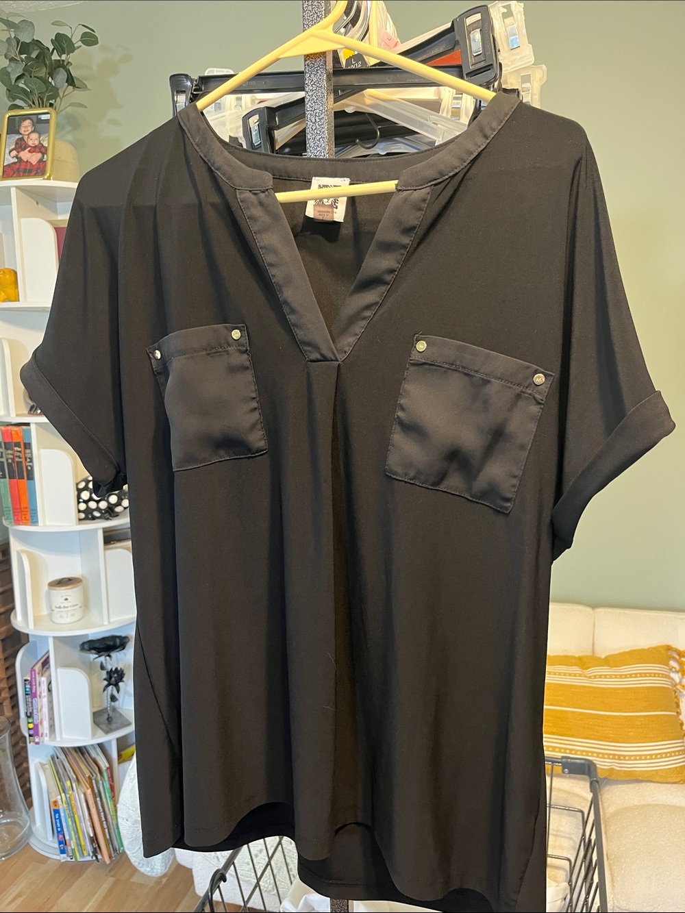Anne Klein Black V-Neck Blouse with Pocket Detail